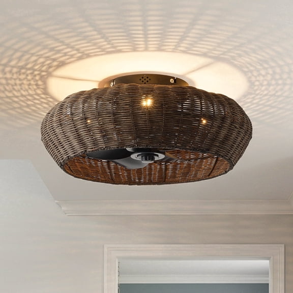 20" Boho Black Handwoven Rattan Flush Mount Ceiling Fan with 4-Light and Remote
