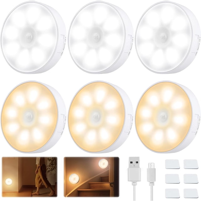 6Pcs luces con Sensor de Movimiento para Interior, 8 LEDs/3 Modos/Adsorción Magnética Luz de Inducción, Luz Nocturna LED Recargable por USB con Imán para Dormitorio,Pasillo, Escaleras