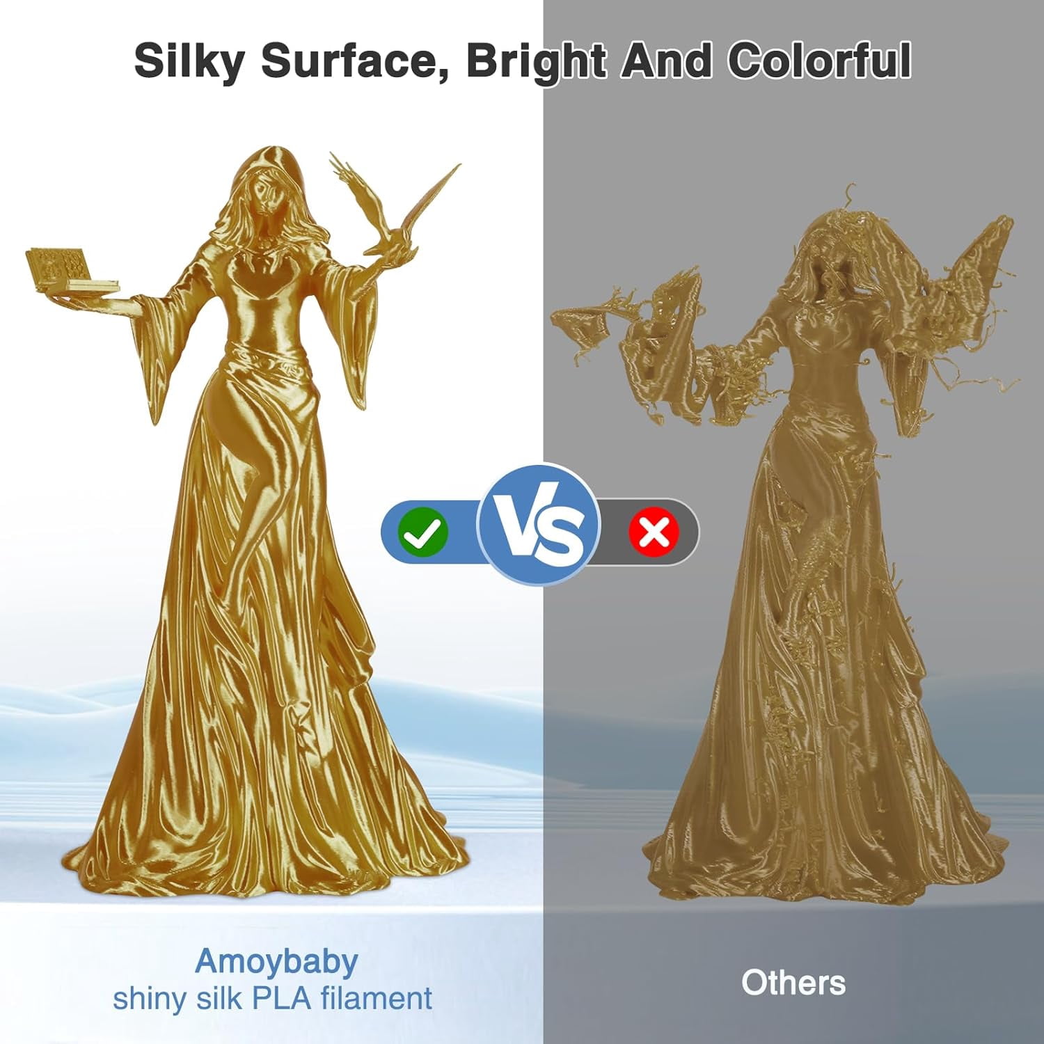 Silk Gold PLA Filament 1.75mm, 1kg(2.2lbs) High Speed Shiny Metallic Golden 3D Printer Filament, Low Warp & Clog-Free, Dimensional Accuracy +/- 0.03mm for FDM 3D Printers