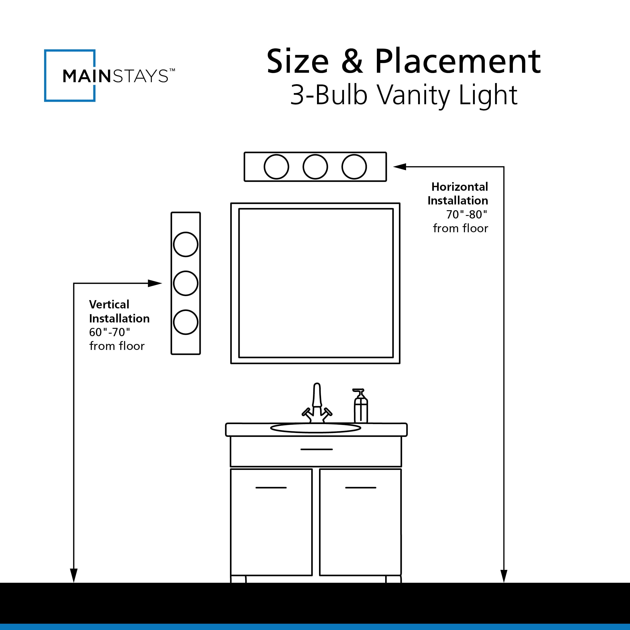 Mainstays Hollywood Style 60-Watt 3-Light Matte Black Bathroom Vanity Light Fixture