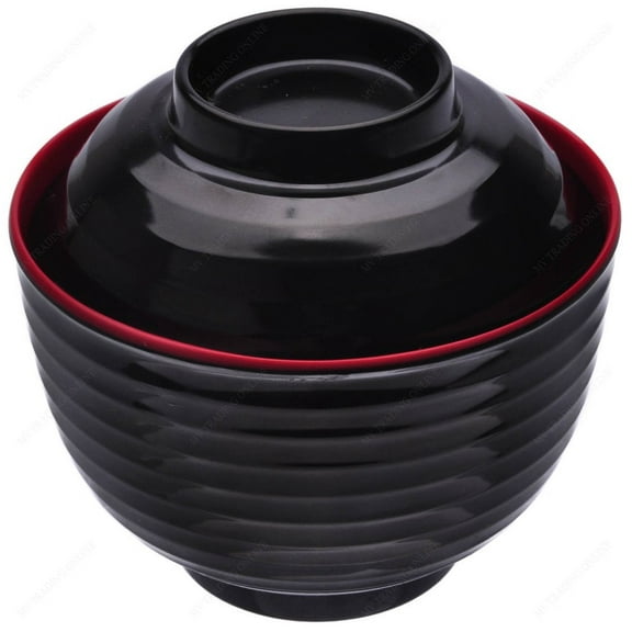 M.V. Trading MV3221S4 Set of Japanese Melamine Soup Bowl with Lid Black & Red, 8 Ounces, Set of 4 (4 Lids & 4 Bowls), 4 Inches Wide x 2.5 Inhces Deep