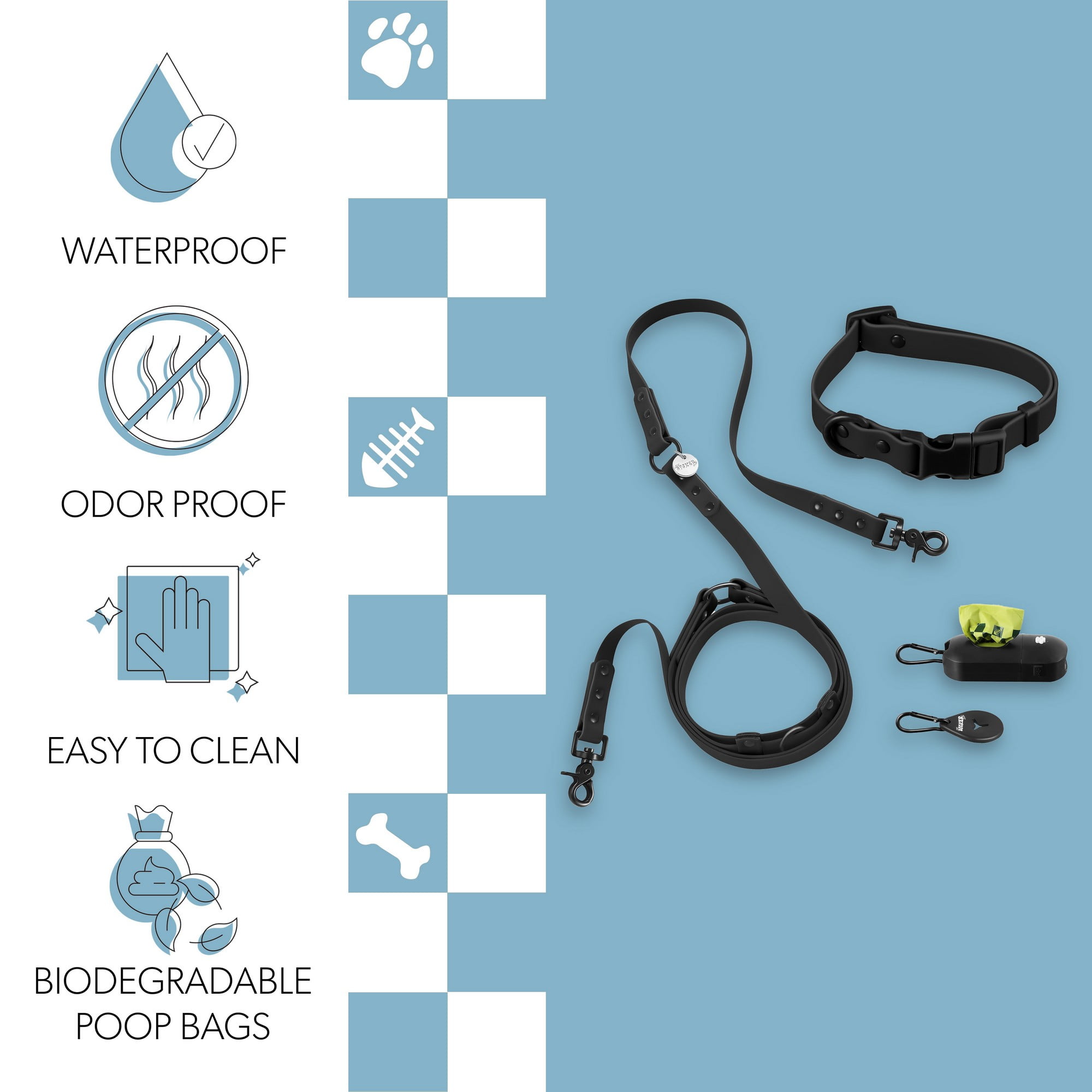 THE LICKER STORE Luna Small 8FT Adjustable 6-in-1 Waterproof Hands-Free Leash and Collar with LED Flashlight, Bag Dispenser, and Poop Bag Holder, Black, WLK1004I-5SET