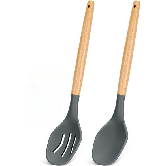 Kiibsot Large Silicone Cooking Spoons, 2 Pack Nonstick Solid and Slotted Wooden handle Spoon Set, Heat Resistan Silicone Kitchen Spoons for Cooking, Serving, Basting, Mixing