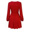 thumbnail image 4 of Furvclv Women Long Puff Sleeve Mini Dress Deep V Neck Solid A-Line Party Casual Dress, 4 of 9
