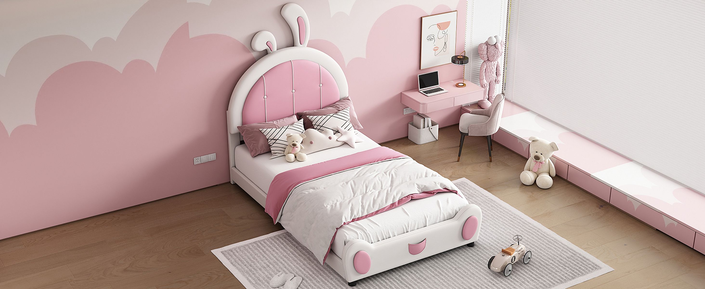 Mintazer Twin Size Upholstered Bed with Bunny Shaped Headboard, Platform Bed for Kids Adult Girl Bedroom Apartment, White & Pink