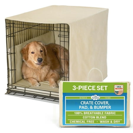 Pet Dreams 3-Piece Set Includes Dog Crate Cover Dog Mat & Bumper Pad- Washable Kennel Bedding fits iCrate Dog Cages 24 30 36 42 Inch Khaki Medium 30