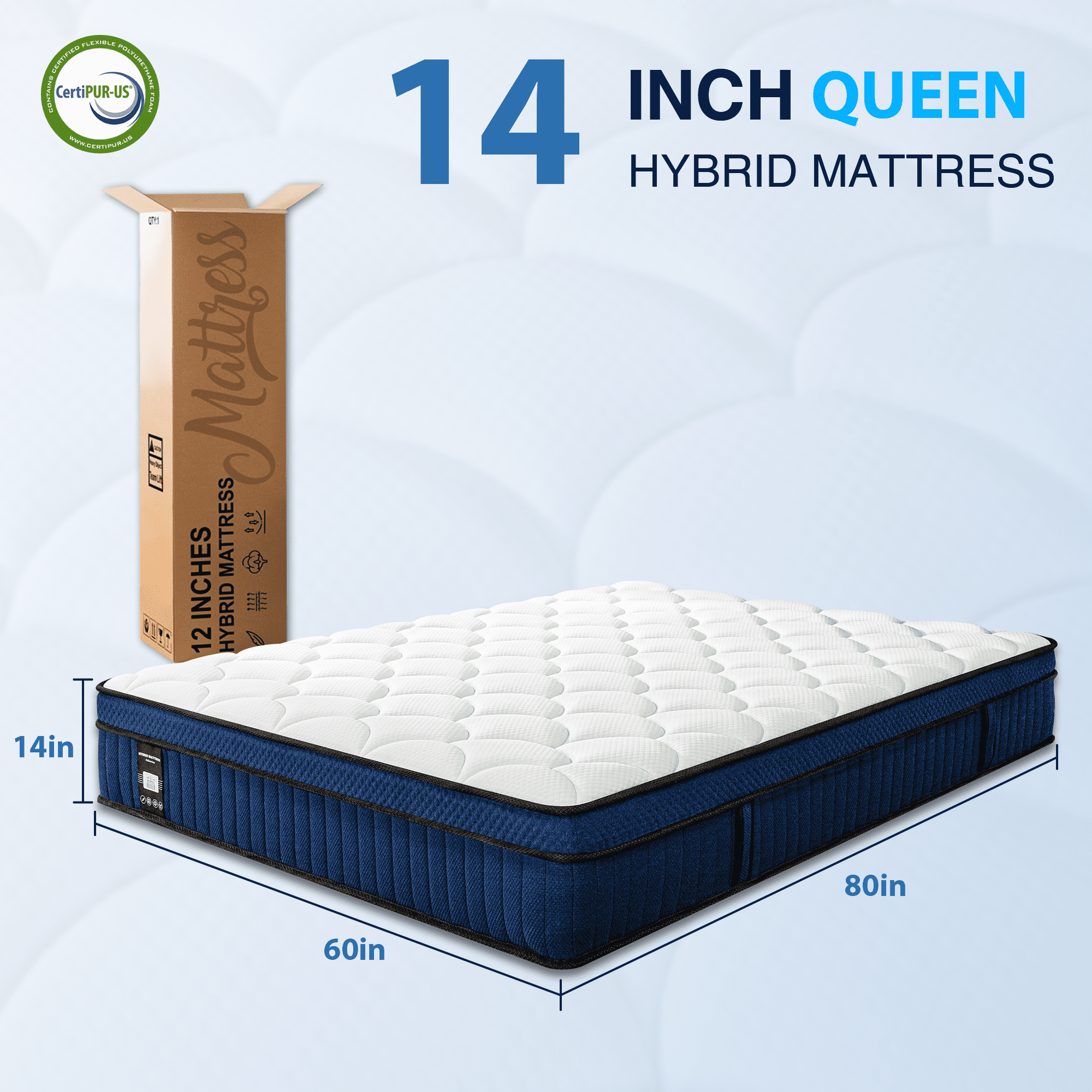 Queen Rose 14'' Queen Size Hybrid Mattress with Pocket Spring and Memory Foam, Medium Firm