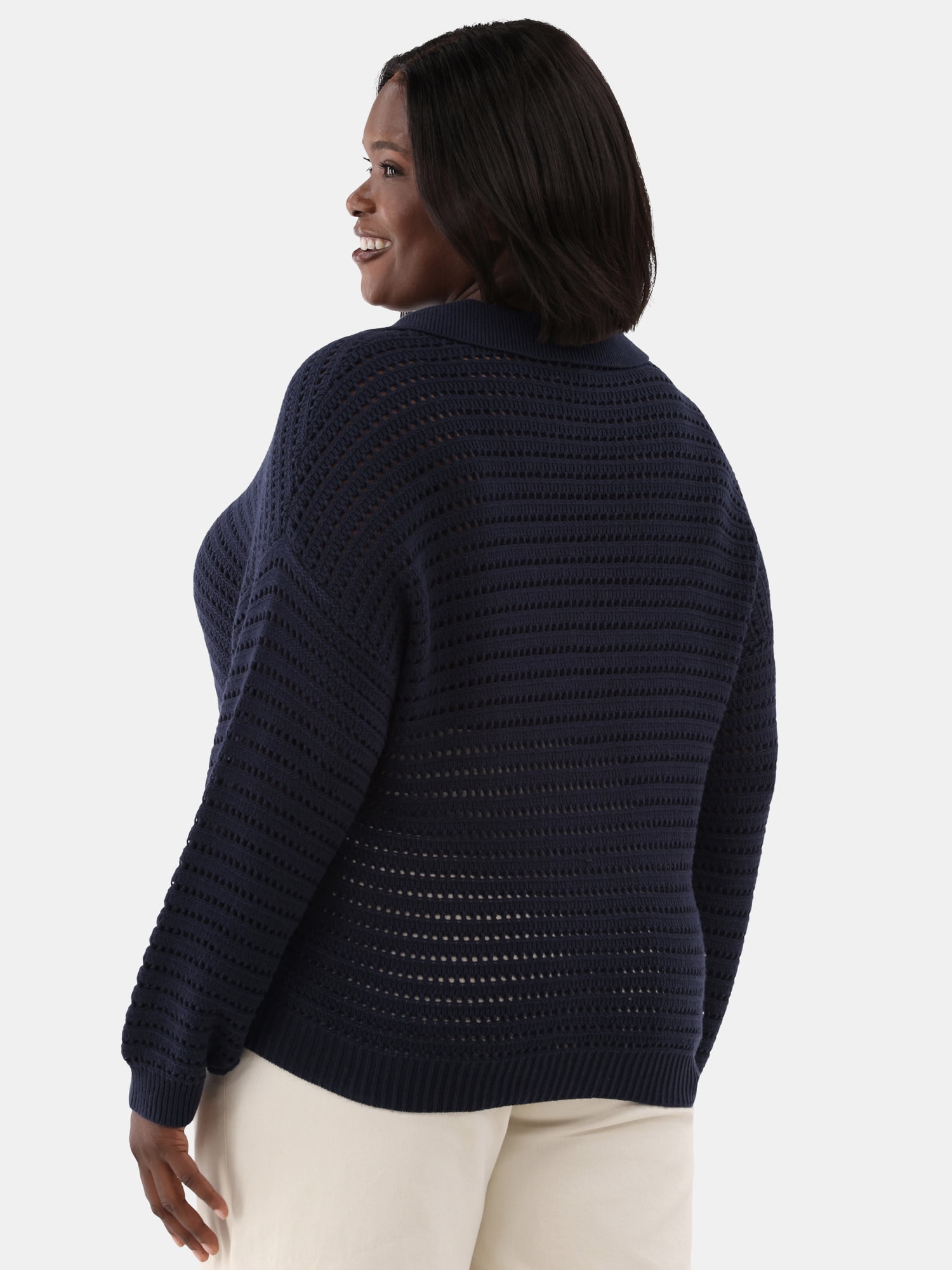 Terra & Sky Women's Plus Size Open Stitch Sweater with Collar, Sizes 0X-5X