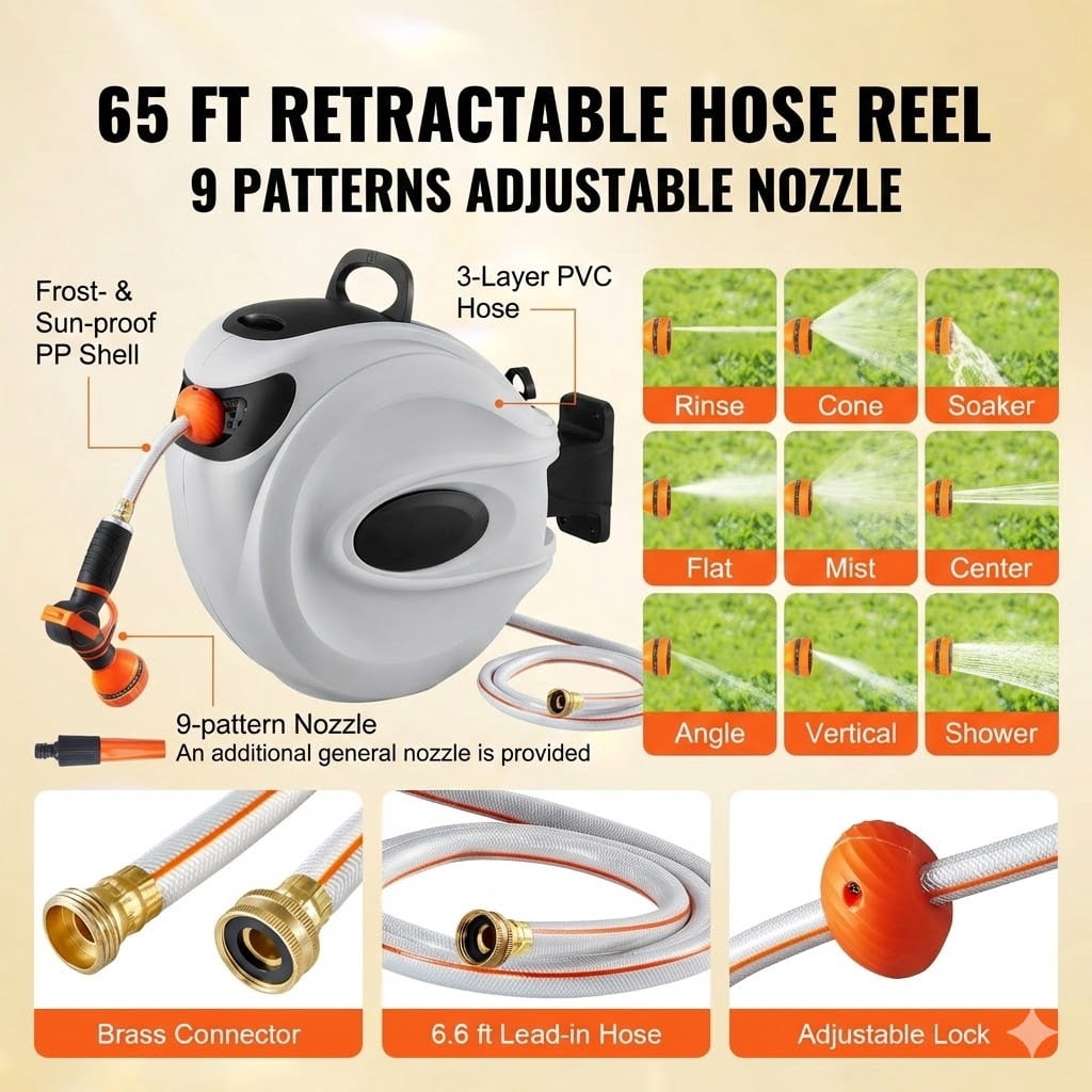 Retractable Hose Reel, 65 ft x 5/8 inch, 180° Swivel Bracket Wall-Mounted, Garden Water Hose Reel with 9-Pattern Nozzle, Automatic Rewind, Lock at Any Length, and Slow Return System