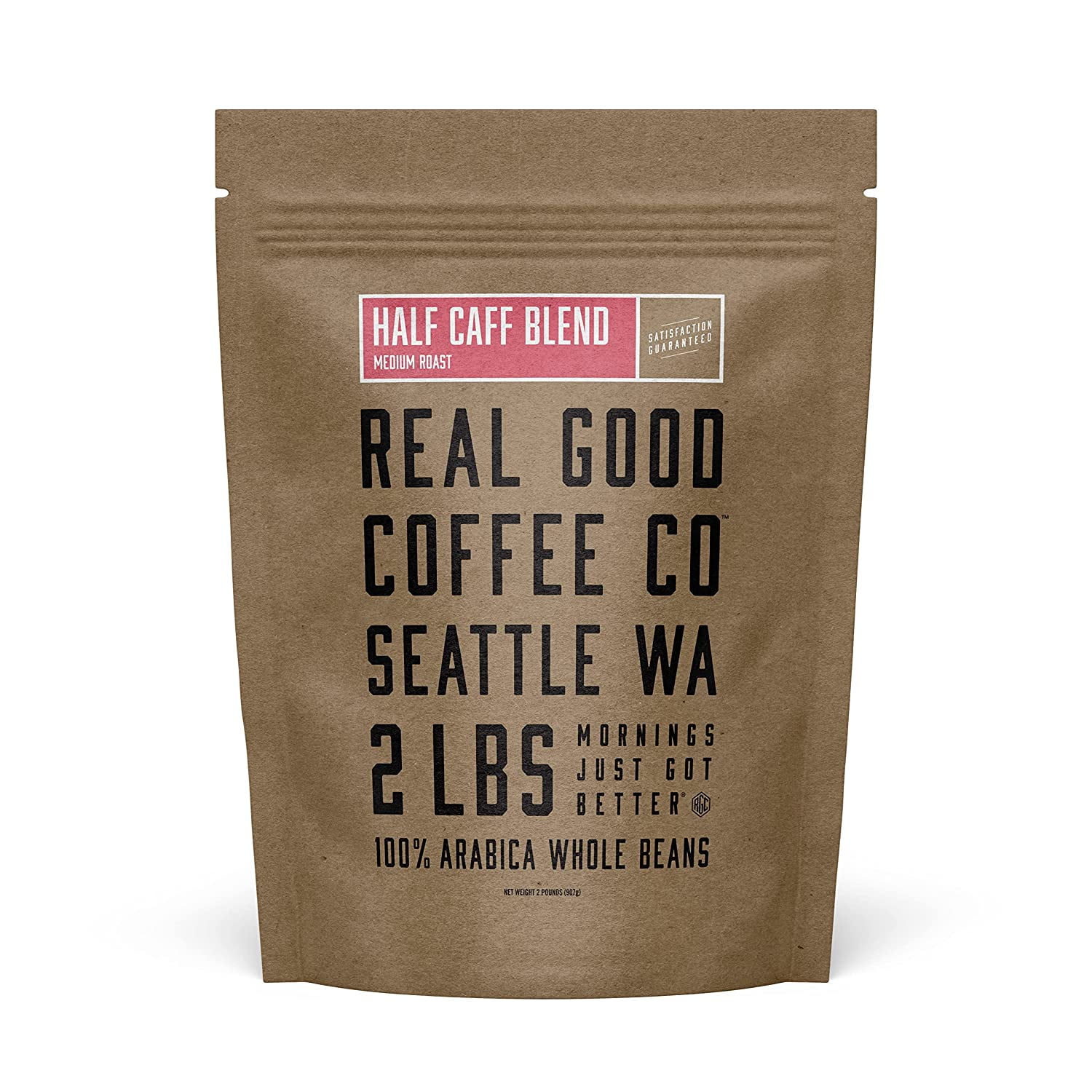 Real Good Coffee Company - Whole Bean Coffee - Half Caff Medium Roast Coffee Beans - 2 Pound Bag - 100% Whole Arabica Beans - Grind at Home, Brew How You Like