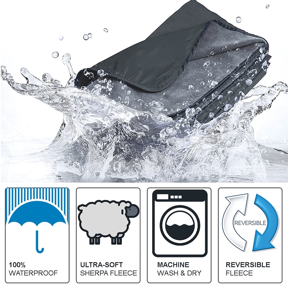 Tirrinia Waterproof Picnic Blanket with Sherpa Lining, Warm Comfy, Black, 60''X 80''.