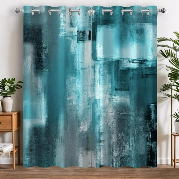 Teal Blackout Curtains, Abstract Turquoise Black Blue Modern Window Drapes 2 Panels For Bedroom Living Room, Grommet Top Room Darkening Curtains Home Decor 53"W x 63"L (Pack of 2)