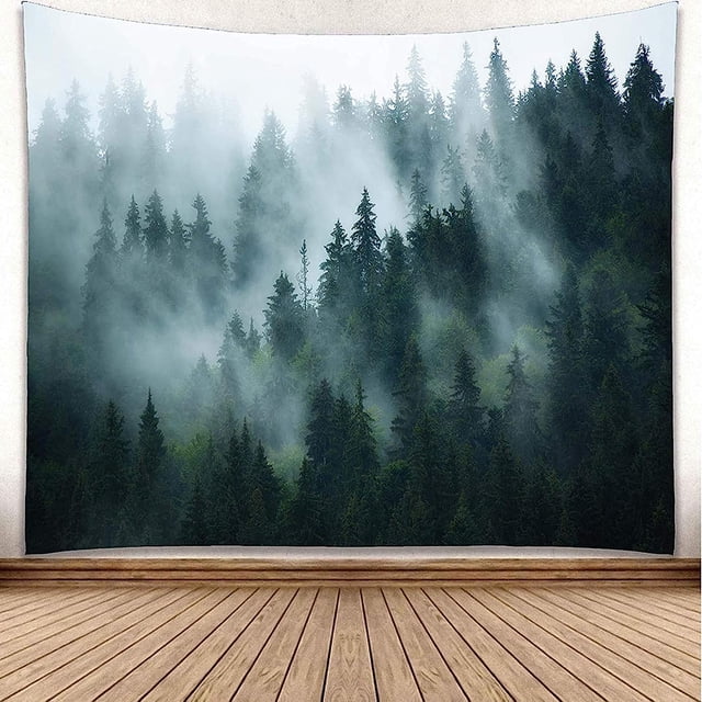 Tapiz verde bosque, tapiz de pared con niebla y bosque para dormitorio, tapiz de pared con paisaje, tapiz de pared con bosque, tapiz para pared en decoración de hogar, sala de estar, 200 x