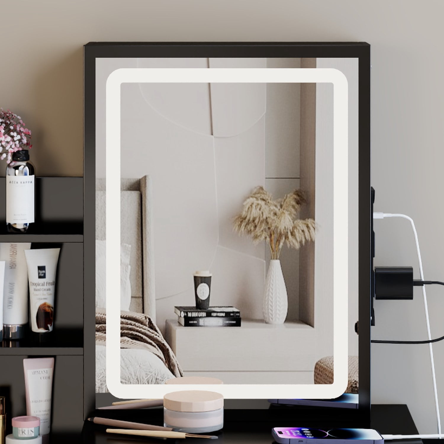 29.2" Small Size Left Bedside Cabinet Vanity Table + Cushioned Stool, 2 AC+2 USB Power Station, Hair dryer bracket, Extra Large Touch Control Sliding LED Mirror, Tri-color Switching