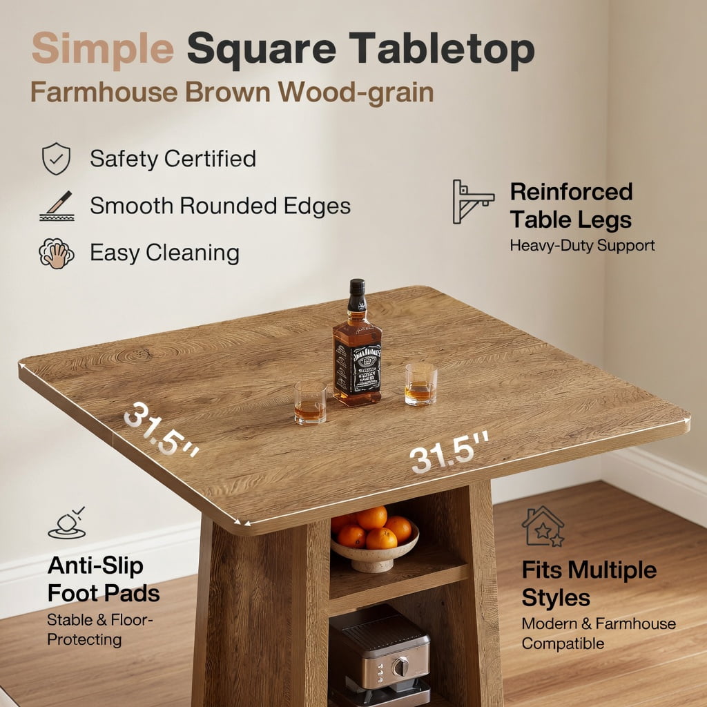 Hommoo Modern Square Bar Table with 3-Tier Open Shelving, for Kitchen, Living Room or Apartment Dining, Walnut