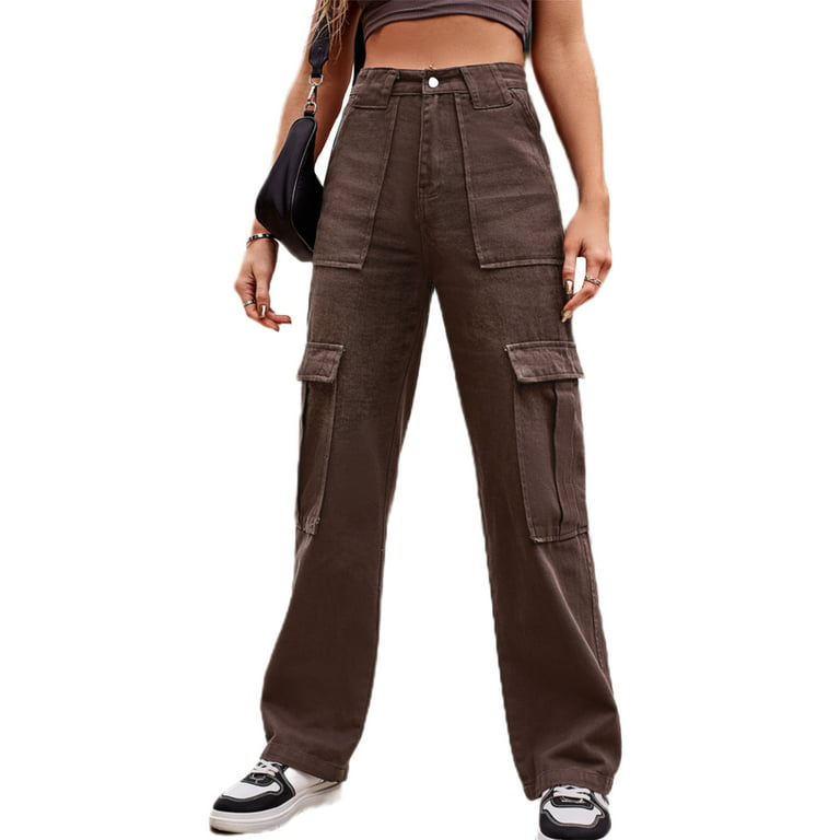 Frontwalk Ladies Denim Pants Zipper Bottoms Cargo Jeans Vacation Fashion  Trousers Button Coffee M 