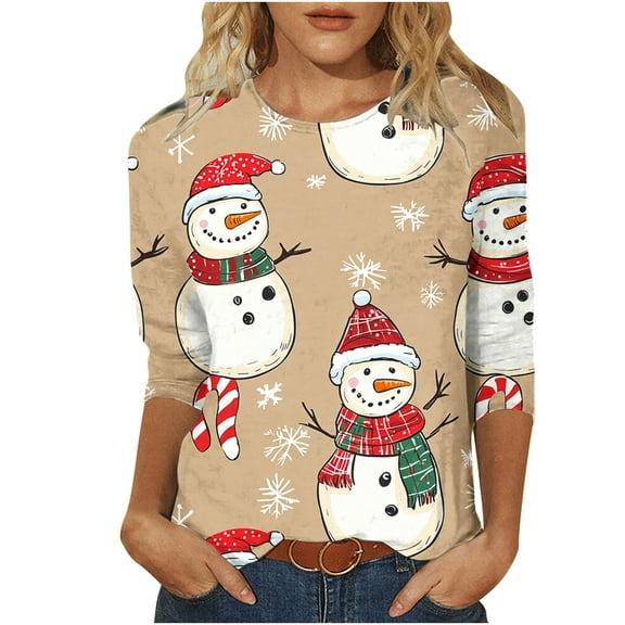 LiMoi Women's 3/4 Sleeve Round Neck Holiday Shirt with Merry Snowman Print Tees Tshirts Blouse for Family Christmas My Items