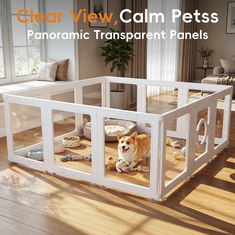 JEKO&JEKO Clear Acrylic Pet Playpen, Indoor Dog Pen for Small Pets, Easy Assembly, 6 Panels, White