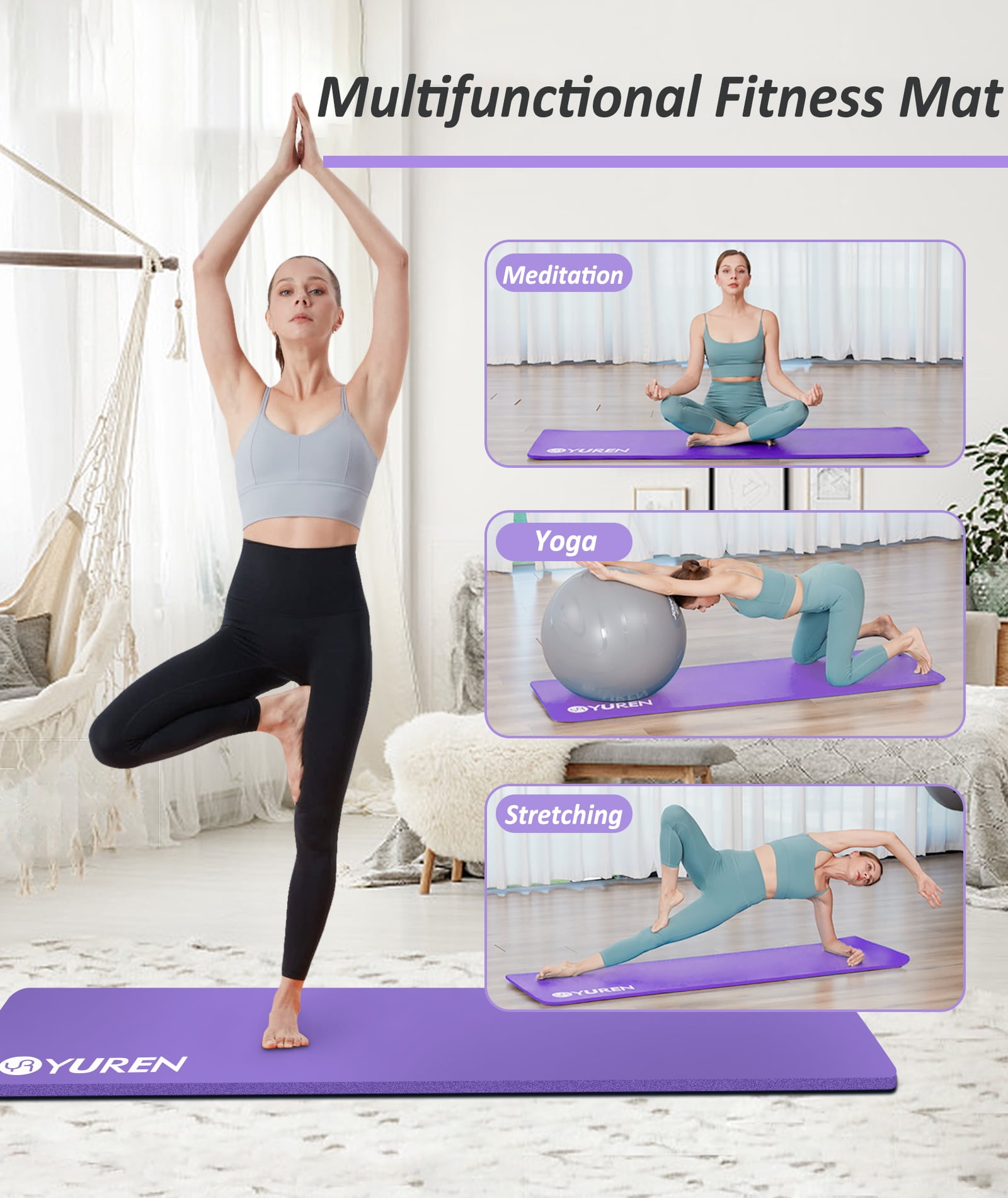 YR Thick Yoga Mat 1/2 Inch Stretching Pilates Hi-Density Foam Exercise Mats, Purple with Yoga Bag