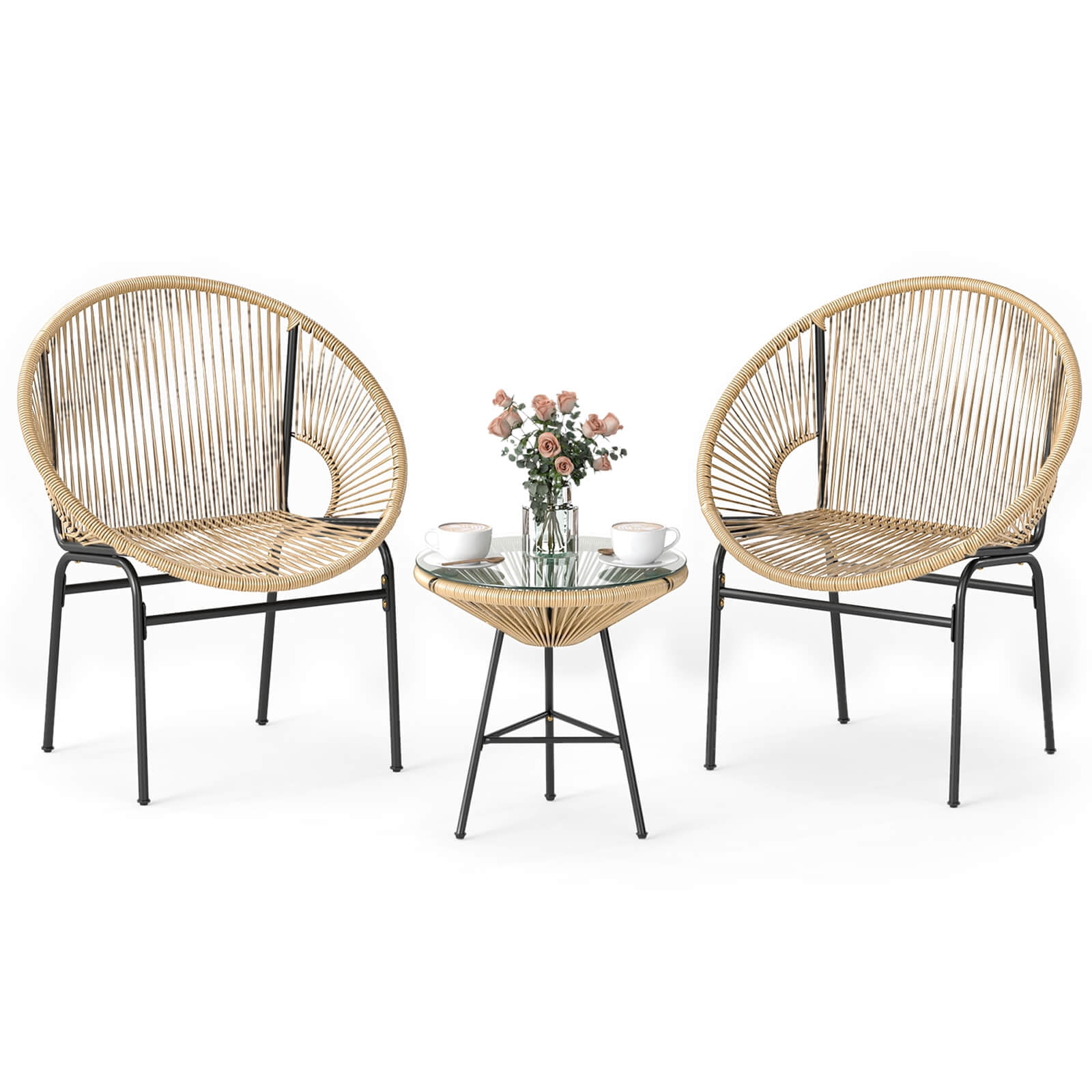 Costway 3-Piece Wicker Patio Bistro Set,Outdoor Acapulco Chairs and Tempered Glass Table Beige + Black