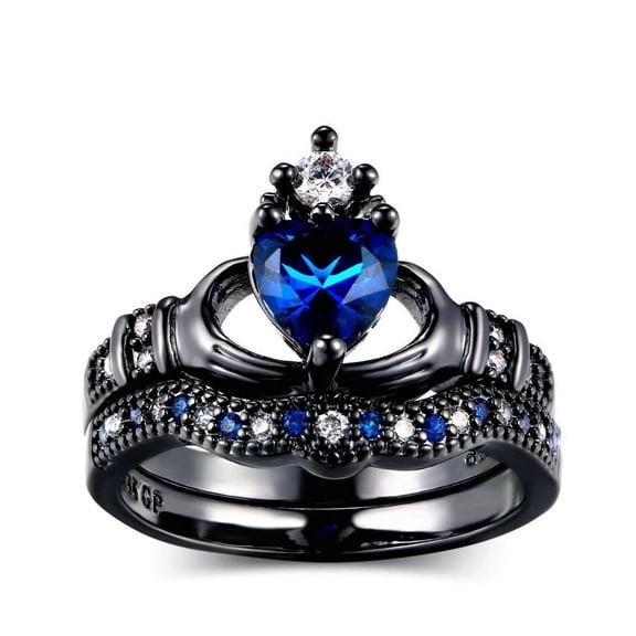 New Blue Crystal love Heart Cubic Zirconia Crown Ring Sets Black Gold Color Crystal Ring for Woman