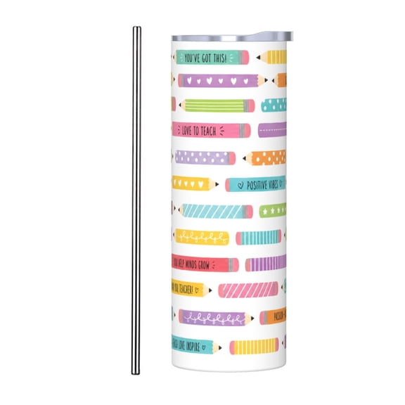 20oz Colorful Teacher Pencil Tumbler with Handle Stainless Steel Insulated Travel Coffee Cup Teacher Gift with Stainless Steel Straw