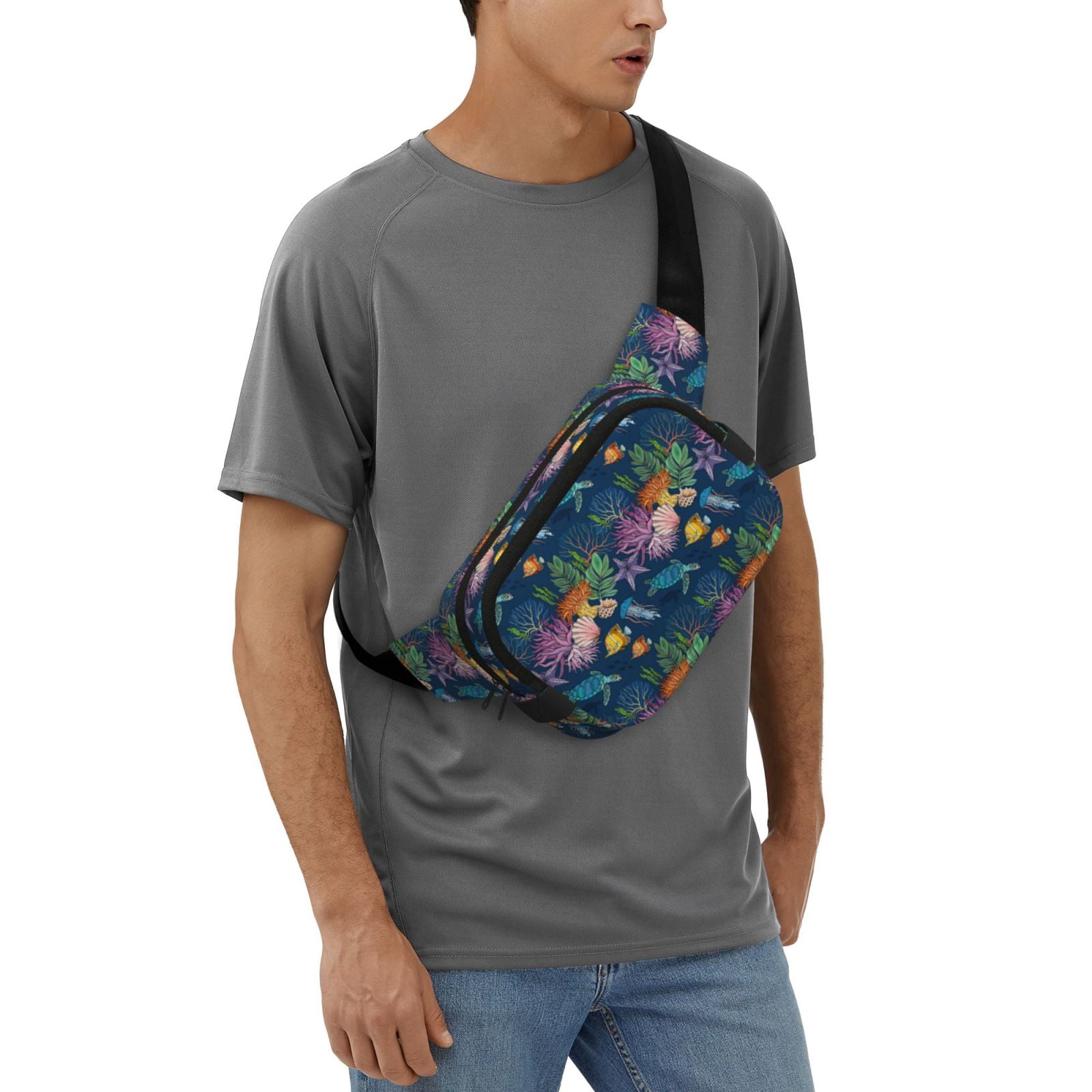 Picia Undersea Animals Print Square Double-Layer Waist Bag Mini Adjustable Waist Belt Bag Exercise Running Travel Hiking