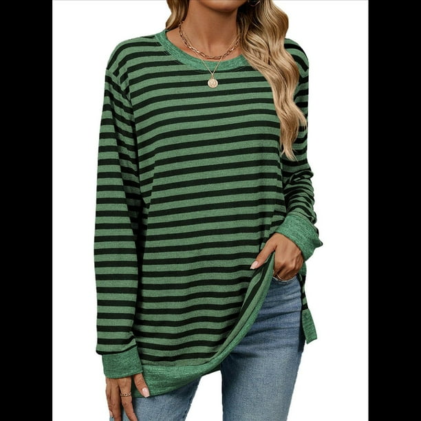 Camisa Informal de Larga A Rayas para Mujer, , con Cuello Redondo, Ajustada, Holgada, Básica Verde y Negro M