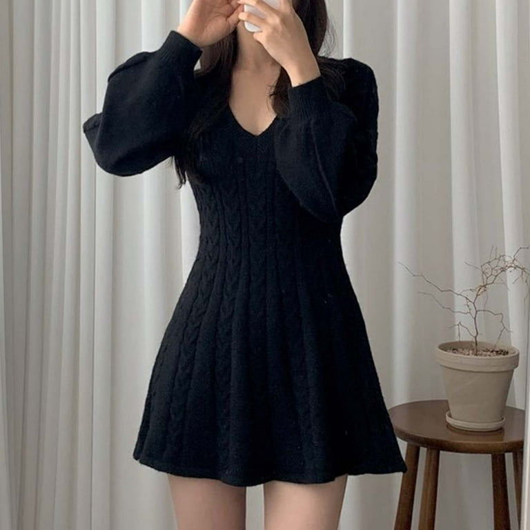 V Neck Flowy Skater Dress SMihono Womens V Neck Long Sleeve Sweater Dress  Casual Loose