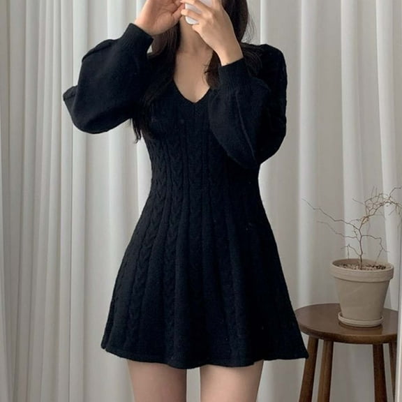 SDNall Sweater Dress for Women, Long Dress for Women, Vintage Dress for Women, Womens Solid Color Vintage Cable Knitted V-Neck Slim Long Sleeve Sweater Dress, Long Sweaters for Women