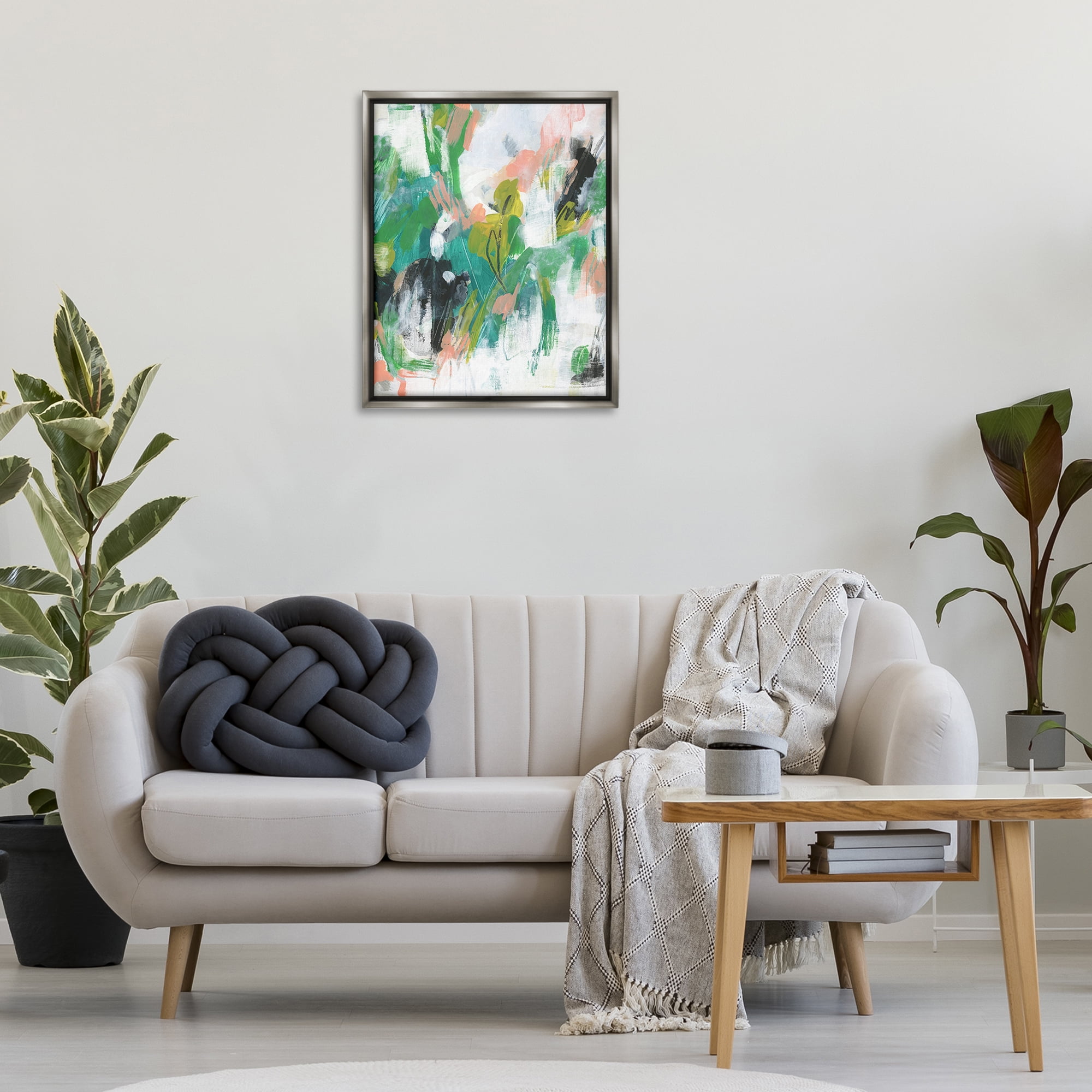 Stupell Industries Chaotic Green & Pink Abstract Abstract Painting Gray Floater Framed Canvas Art Print Wall Art, 25 x 31