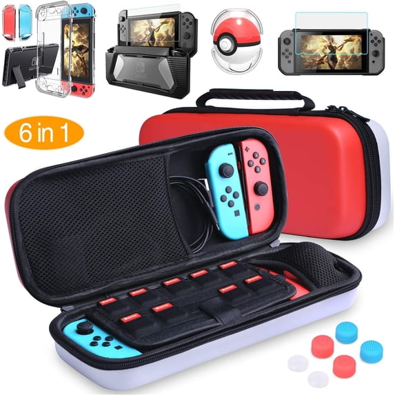 HEYSTOP 6 in 1 Accessories Kit for Nintendo Switch,Nintendo Switch Carrying Case Clear Case Dockable Pokeball Plus Case, TPU Protective Case, Tempered Glass Screen Protector Thumb Grips Caps