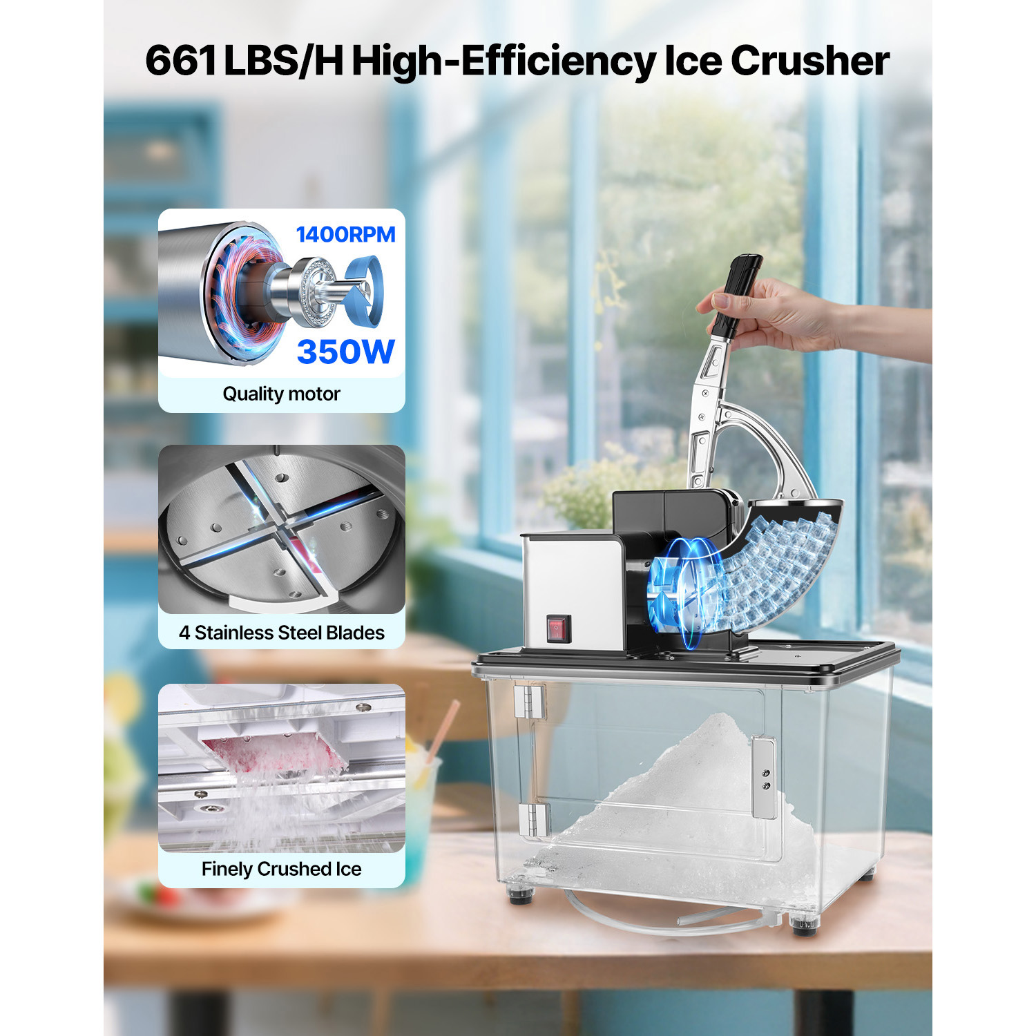 KFFKFF Commercial Ice Crusher 661LBS/H, 350W Electric Snow Cone Machine with 4 Blades, 2000RPM Stainless Steel Shaved Ice Maker with 11 Gal Ice Storage, Ideal for Homes, Restaurants, and Bars, Black