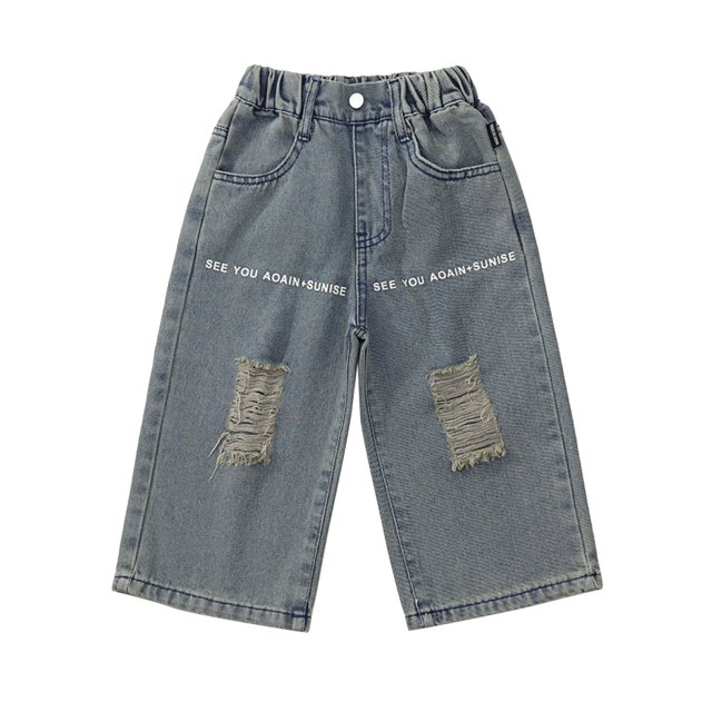 Trendy Girls Pants For Everyday Wear And Outdoor Activities Ripped Denim Wide Leg Trousers With Letter Print Perfect For Ages 2 8 Soft And Stretchy Comfort
