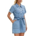 thumbnail image 4 of INSPIRE CHIC Womens Short Sleeve Denim Jumpsuit Button Down Elastic Waist Jean Romper Shorts S Blue, 4 of 6