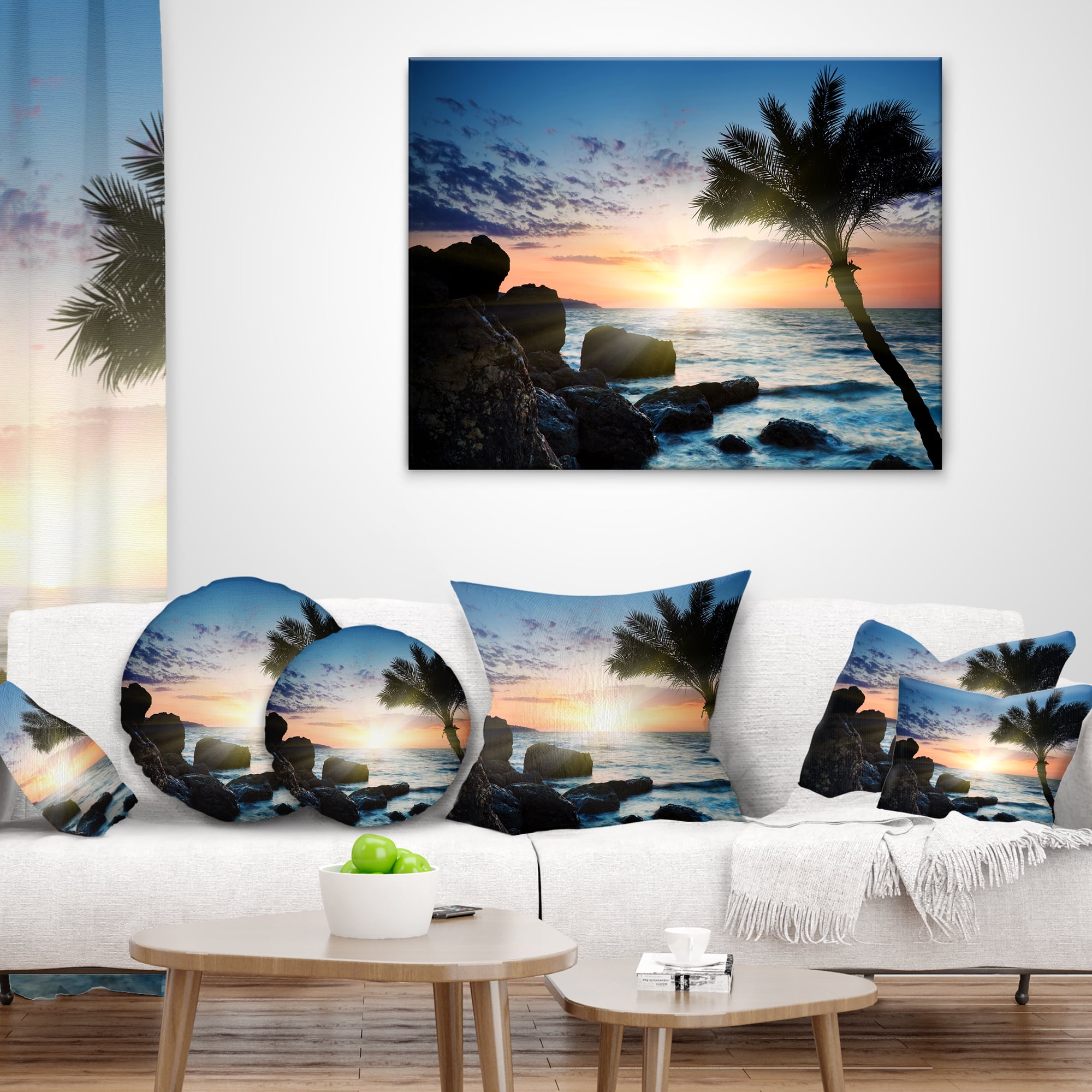 Designart Lonely Palm Tree on Rocky Beach - Modern Seashore Throw Pillow - 18x18