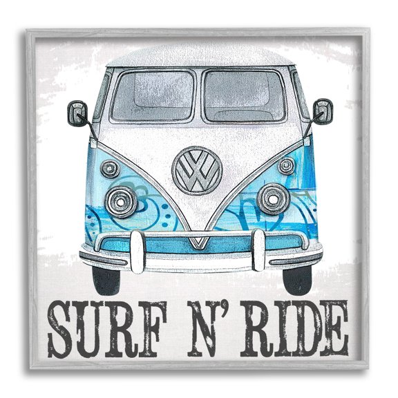 Stupell Surf N Ride Blue Retro Summer Bus Landscape Painting Gray Framed Art Print Wall Art