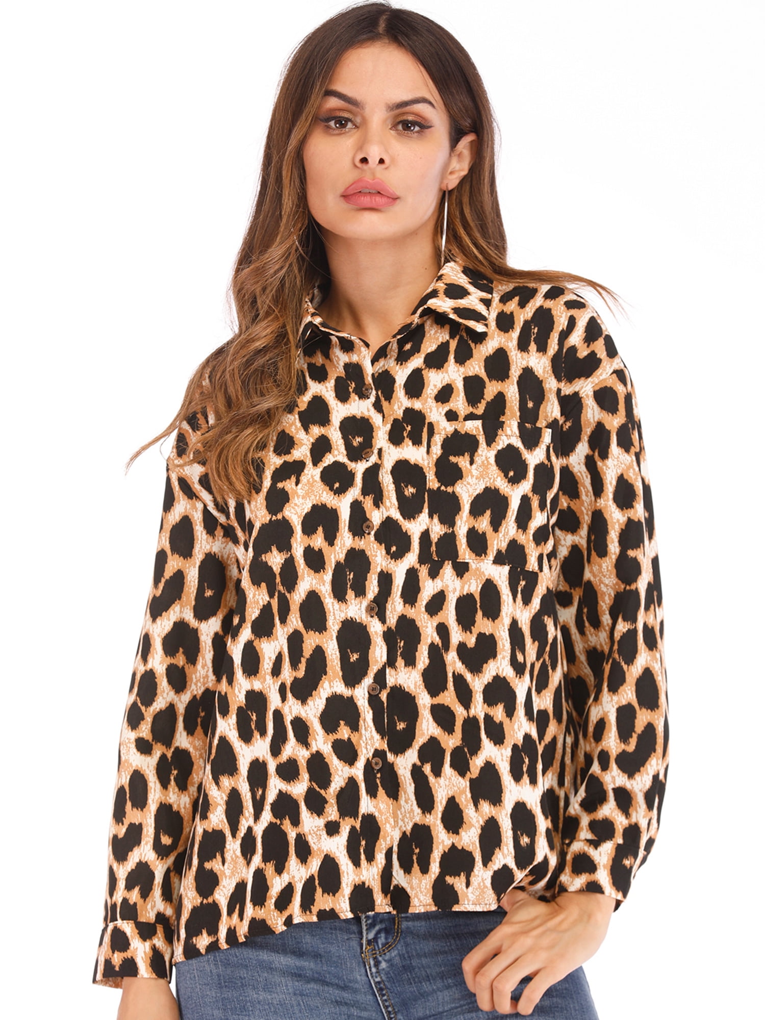 Women Summer Chiffon Leopard Blouse Long Sleeve Turn Down Collar Office Shirt Loose Tops Plus Size
