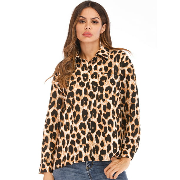 Lelinta Fashion Womens V Neck Leopard Print Chiffon Blouse T Shirts Long Sleeve Button Down