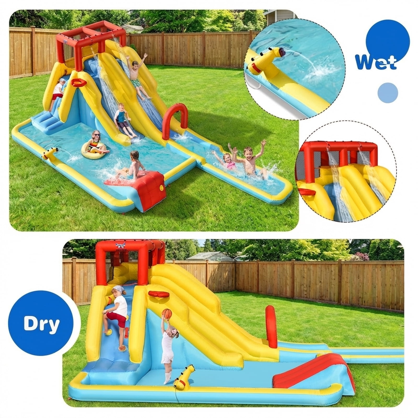 Redsmile Inflatable Dual Slide Water Park Climbing Bouncer with Splash Pool Basketball Hoop for Kids Aged 3-10 Outdoor Backyard Play - Multicolor