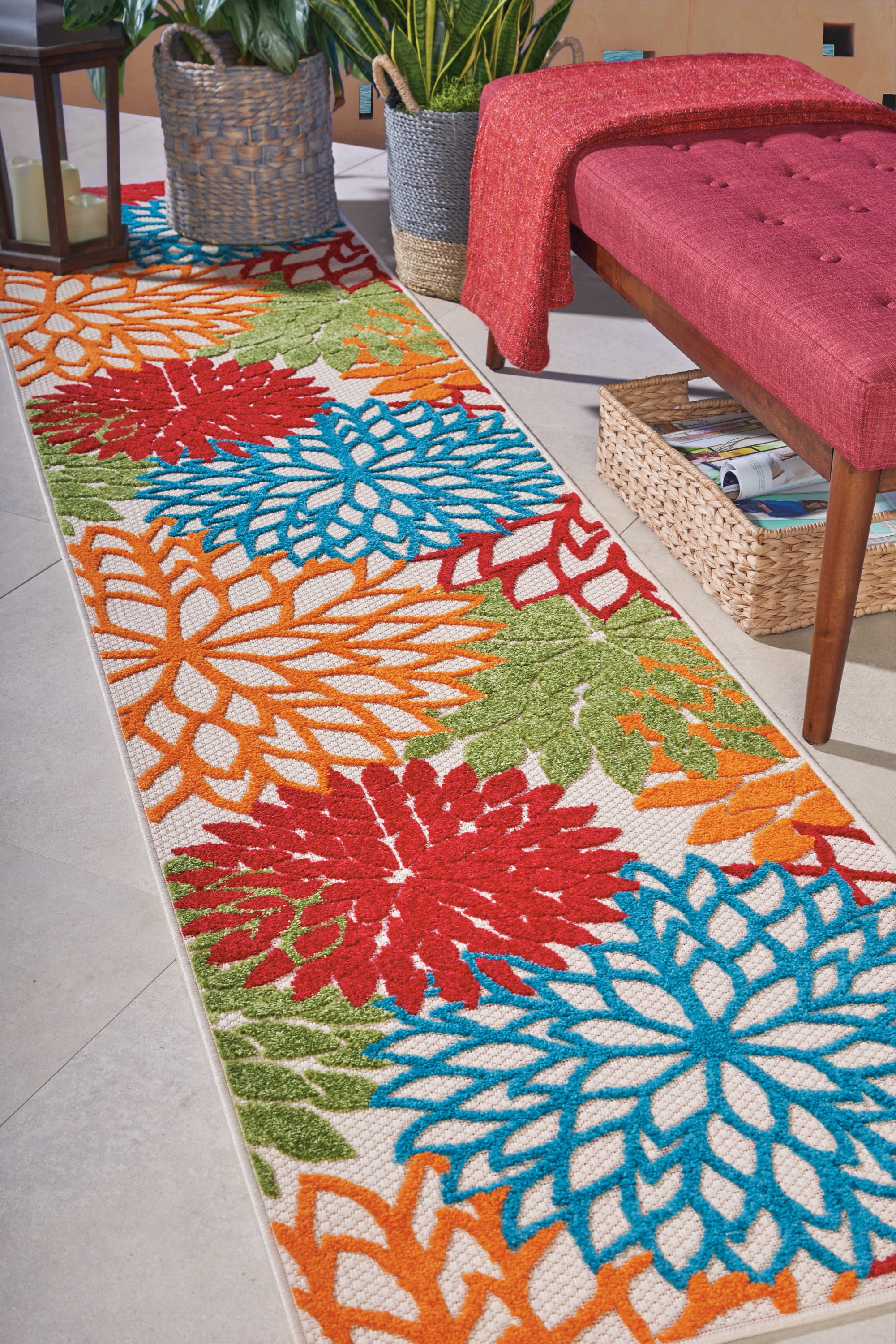 Nourison Tropical Oasis Indoor/Outdoor Modern Floral Green 2'3" x 12' Area Rug, (12' Runner)