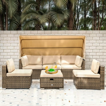 ModFusion Outdoor Wicker Daybed with Retractable Canopy Sectional Seating Sofa Set, Patio Rattan Lounger, Soft Cushion Sunbed for Poolside, Backyard Garden, Beige