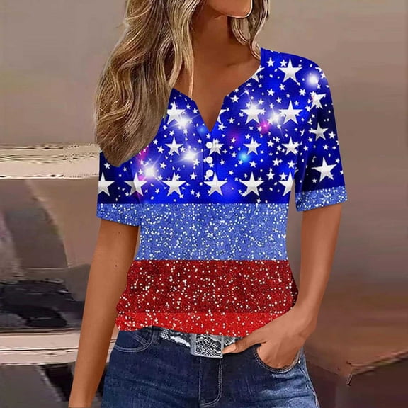 Cavosen Red White and Blue Shirts for Women Petite Independence Day Short Sleeve V-Neck T Shirts USA Star Striped Graphic Tops Lady XL 4th of July Casual T Shirts Red White and Blue Tunic Tees