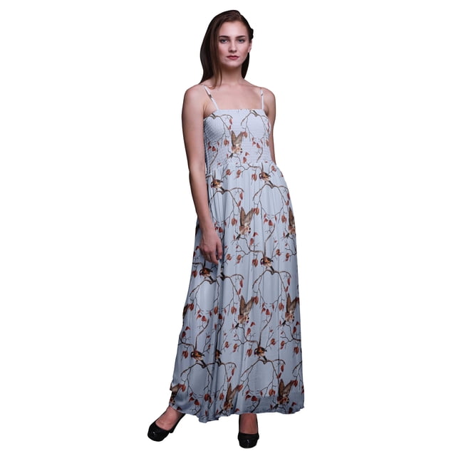 Bimba Robe Maxi Tube Smockée à Imprimé Feuilles Sèches et Chardonneret pour Vacances d'Été - Grande