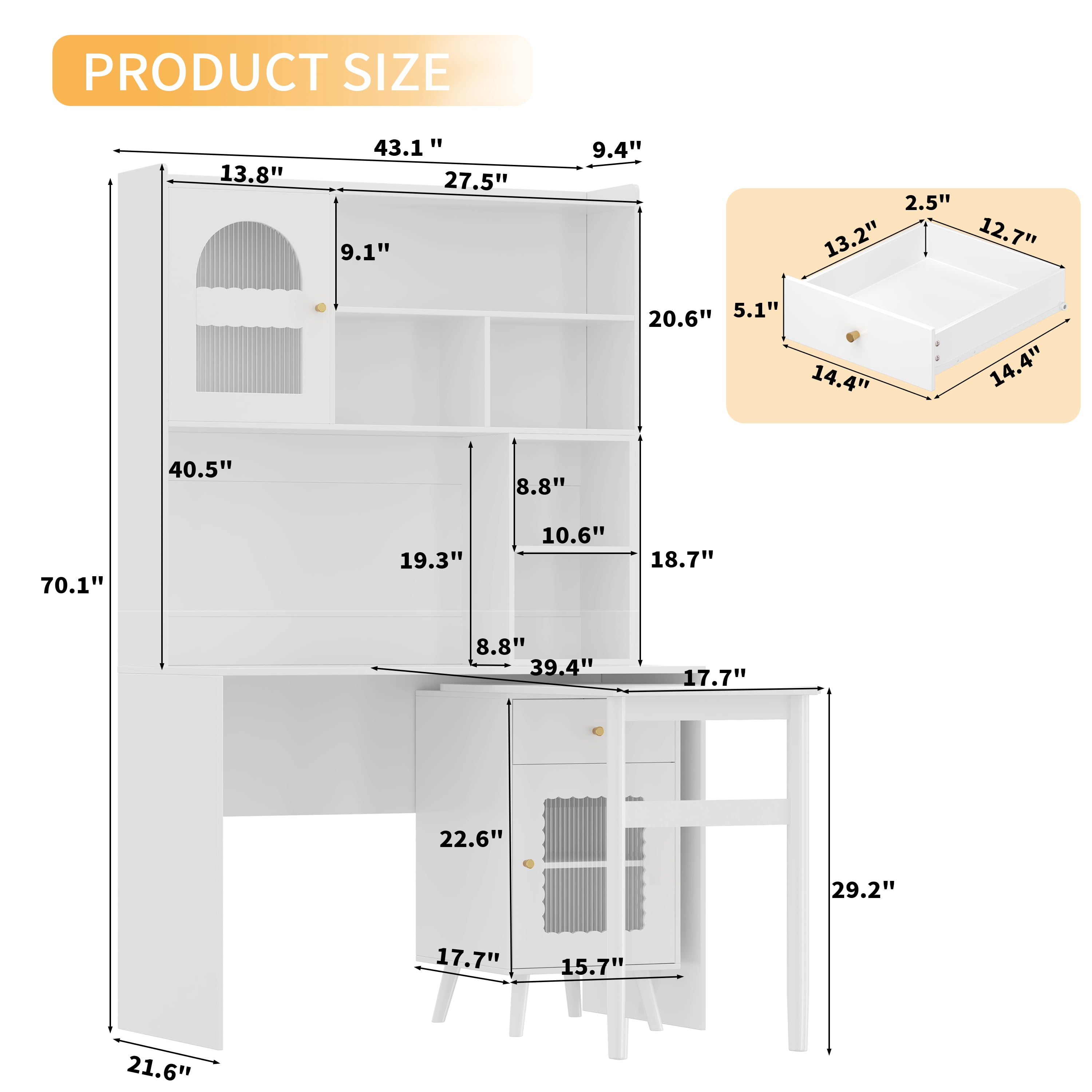Aukfa Computer Desk with Hutch,LShape Office Desk Gaming Desk, Rotating Desktop,Storage Cabinets for Home Office Bedroom,White