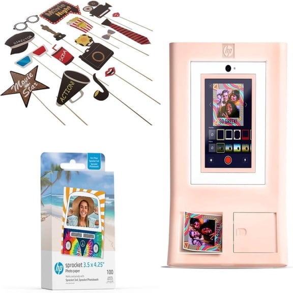 HP Sprocket Photo Booth Instant Printer Kit (Pink), 100 Zink Paper, 15pcs Hollywood Props