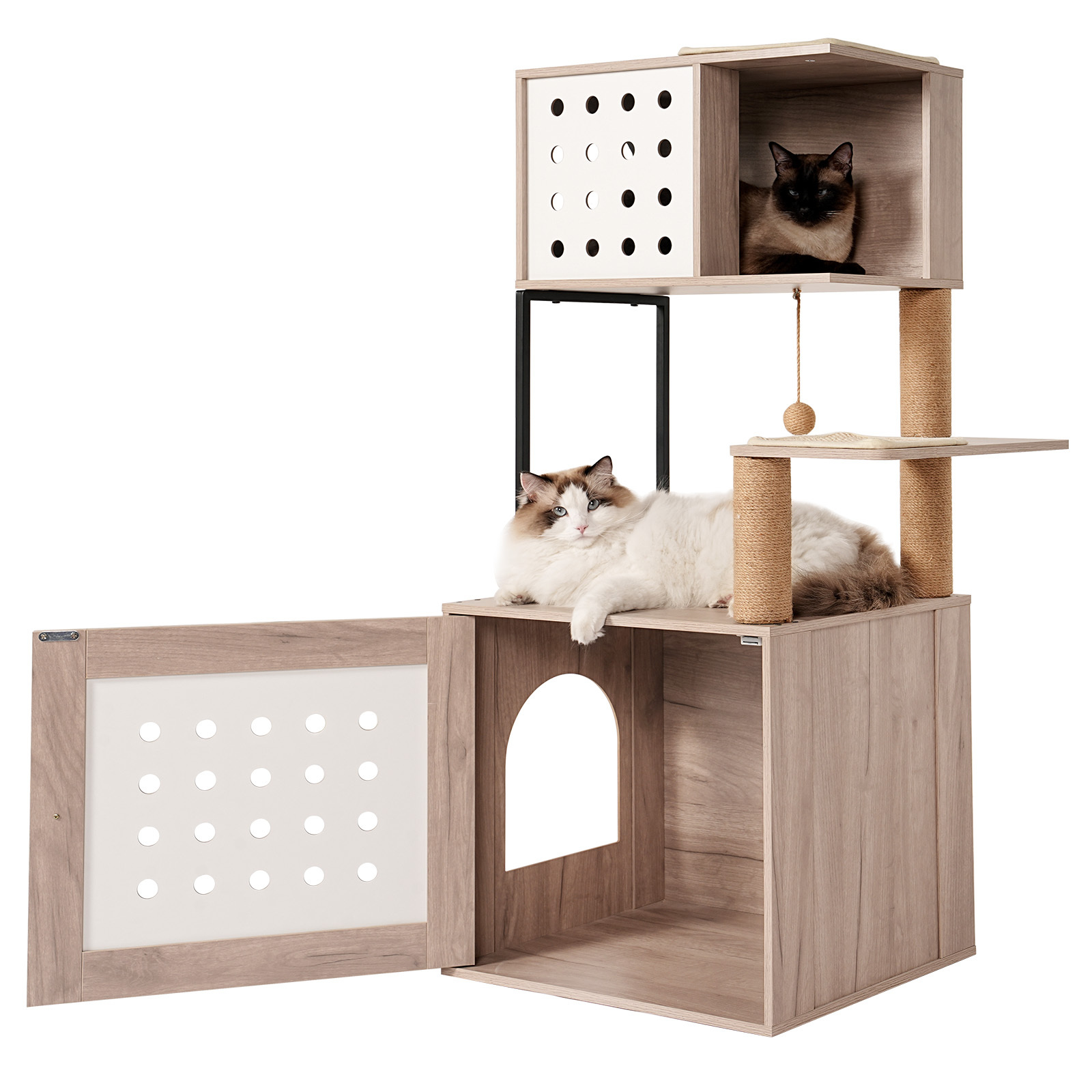 YIYADO Cat Tree with Litter Box, Indoor Cat Integrated Cat Tower with Large Hammock, Bed, Food Station, Scratching Post, Modern Style Pet Furniture, Gray + White