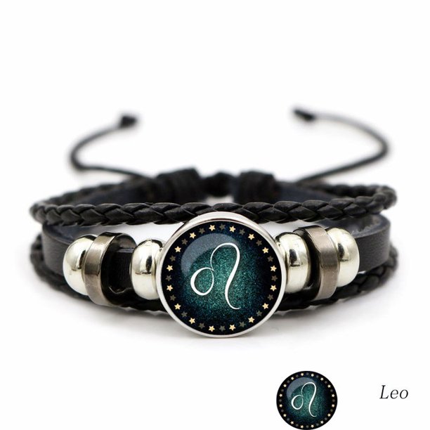 Luminous Twelve Constellation Artificial Gemstone Bracelet ,Beaded Rope PU Leather 12 Constellation Woven Bracelet