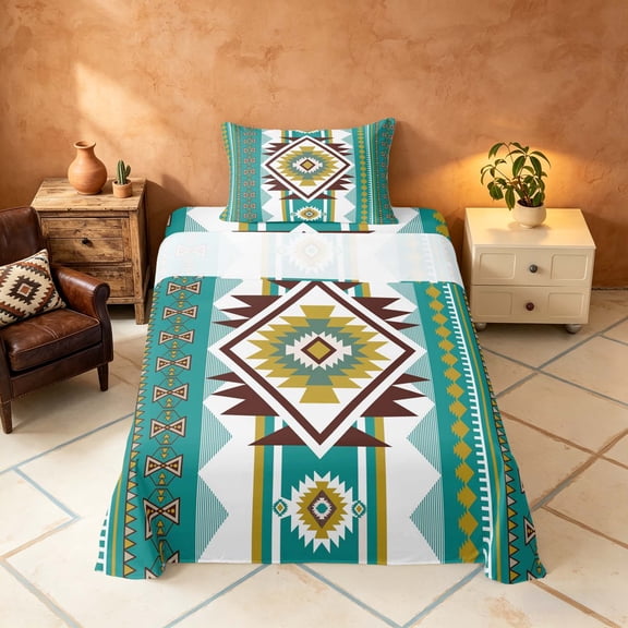 Manfei Tribal Geometric Aztec Twin Sheets, Southwest Bohemian Bedding, Teal and Mustard, Black Reversible 3-Piece1 Flat Sheet 1 Fitted Sheet 1 Pillowcase