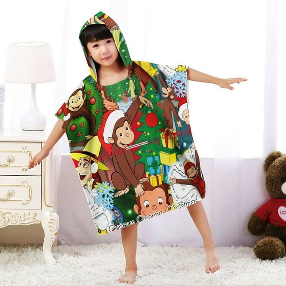 Curious George Hooded Poncho Towels, Soft & Absorbent Microfiber Beach Towel, Swimming Pool Changing Robe Bathrobe Bath Towel